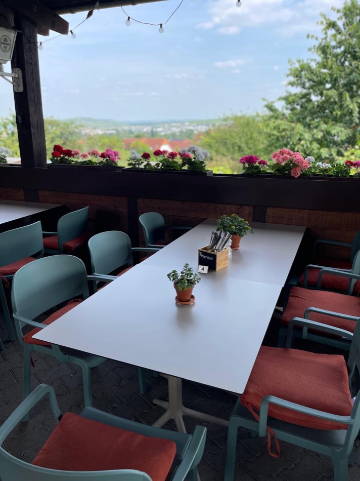 Gedeckter Tisch am Geländer mit Geranien und Panoramablick